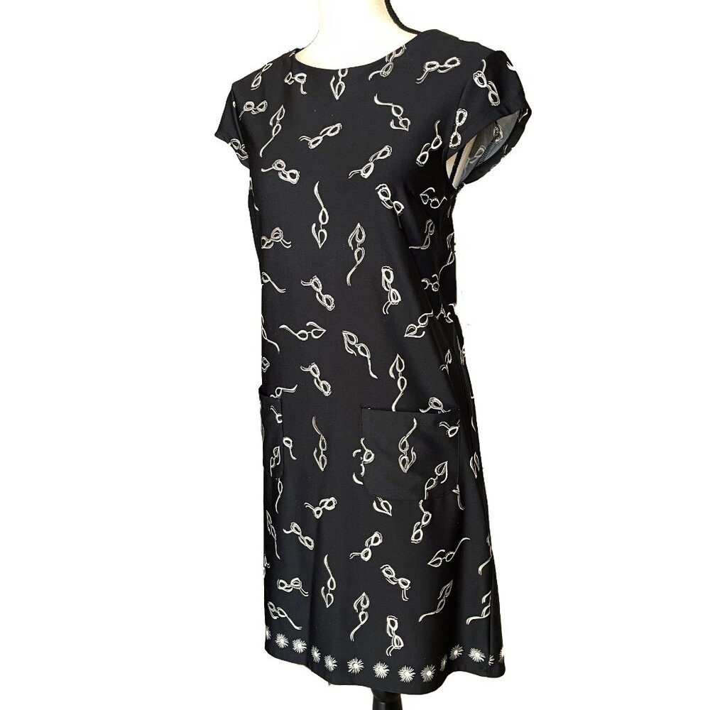JB by JULIE BROWN Black Sheath Dress Eyeglasses Print Cap Sleeves Size Small